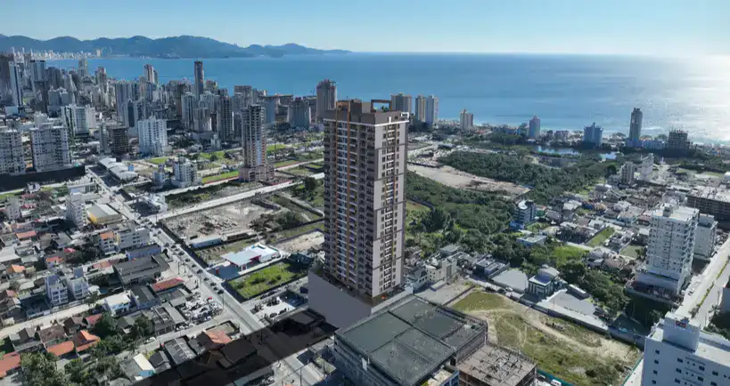 Visão aérea do Aquarella UP em Porto Belo, empreendimento imobiliário para investimento”.